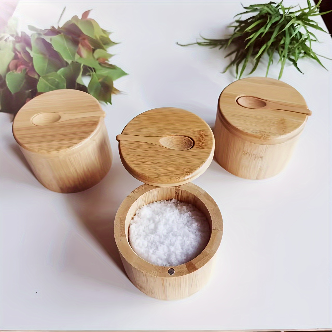 

Bamboo Salt Box With Spoon - Handmade Wooden Spice Jar With Magnetic Swivel Lid, Kitchen Seasoning Canister For Home Use
