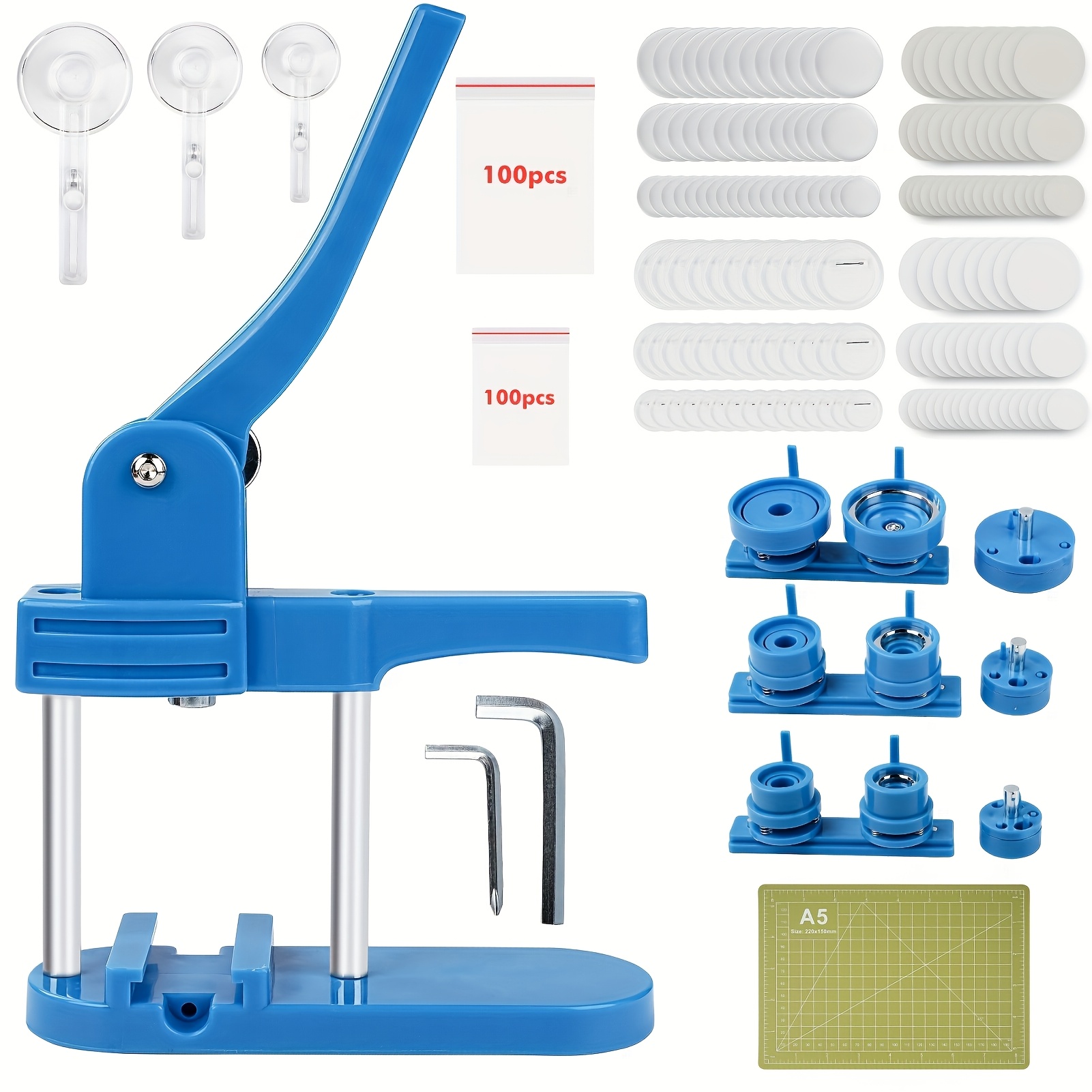 Image of Dark Blue 3in 1 Round Badge Machine 25/32/58mm 3 Sets Of Molds + 300pcs Consumables + A5 Cutting Mat X1 + 200pcs Self-adhesive Bag Size 7*5cm + 100pcs Self-adhesive Bag Size 10*7cm