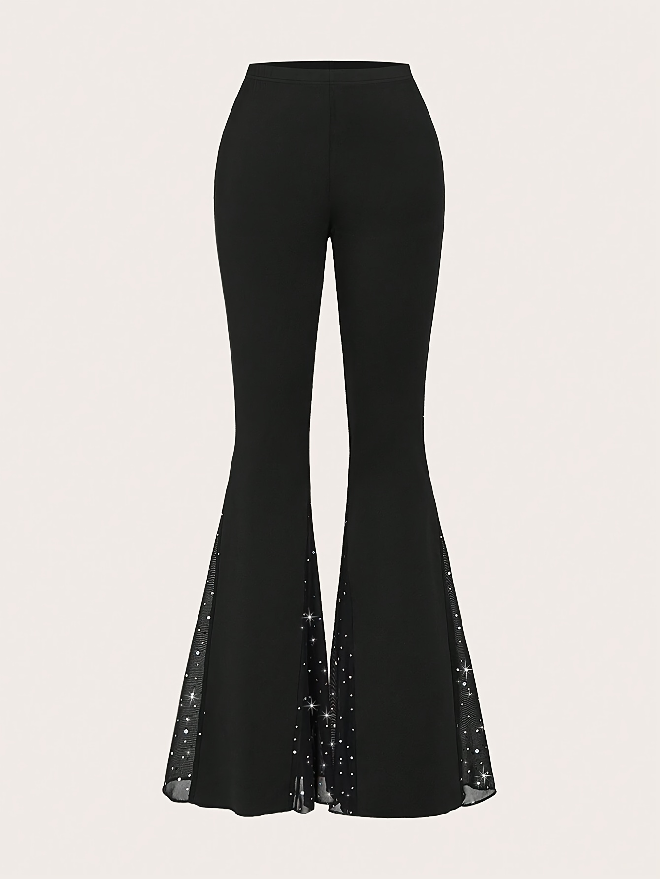 Women's Elegant Wide-Leg Bell-Bottom Pants with Sheer Net Hem Flared  Trousers Semi-Sheer Black Tapered Fit for Parties, Weddings, Prom