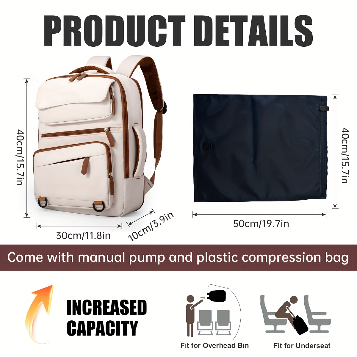 Sac à dos de voyage à compression sous vide pour hommes et femmes, approuvé pour avion | Grande capacité avec compartiment à chaussures et housse pour tige télescopique | Polyester renforcé durable | Idéal pour voyages d'affaires, vacances, campus et usage quotidien
