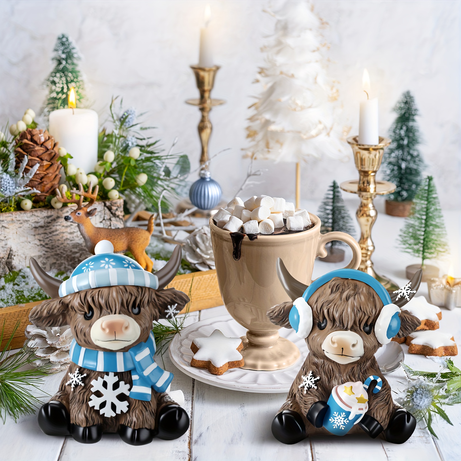 TEMU Set Of 2 Highland Cow Statues Featuring Winter Snowflakes - Perfect Gifts For Calf Enthusiasts, Ideal For Decorating Your Home, Garden, Kitchen, Or Office, For Christmas