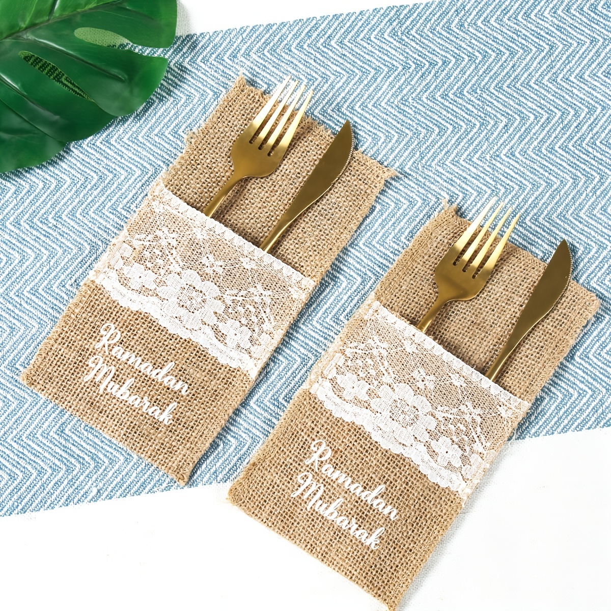 

5-pack Ramadan Mubarak Burlap Knife And Fork Napkin Holders - Eid Al-fitr Table Decorations, Party Supplies, No Electricity Or Feathers Required