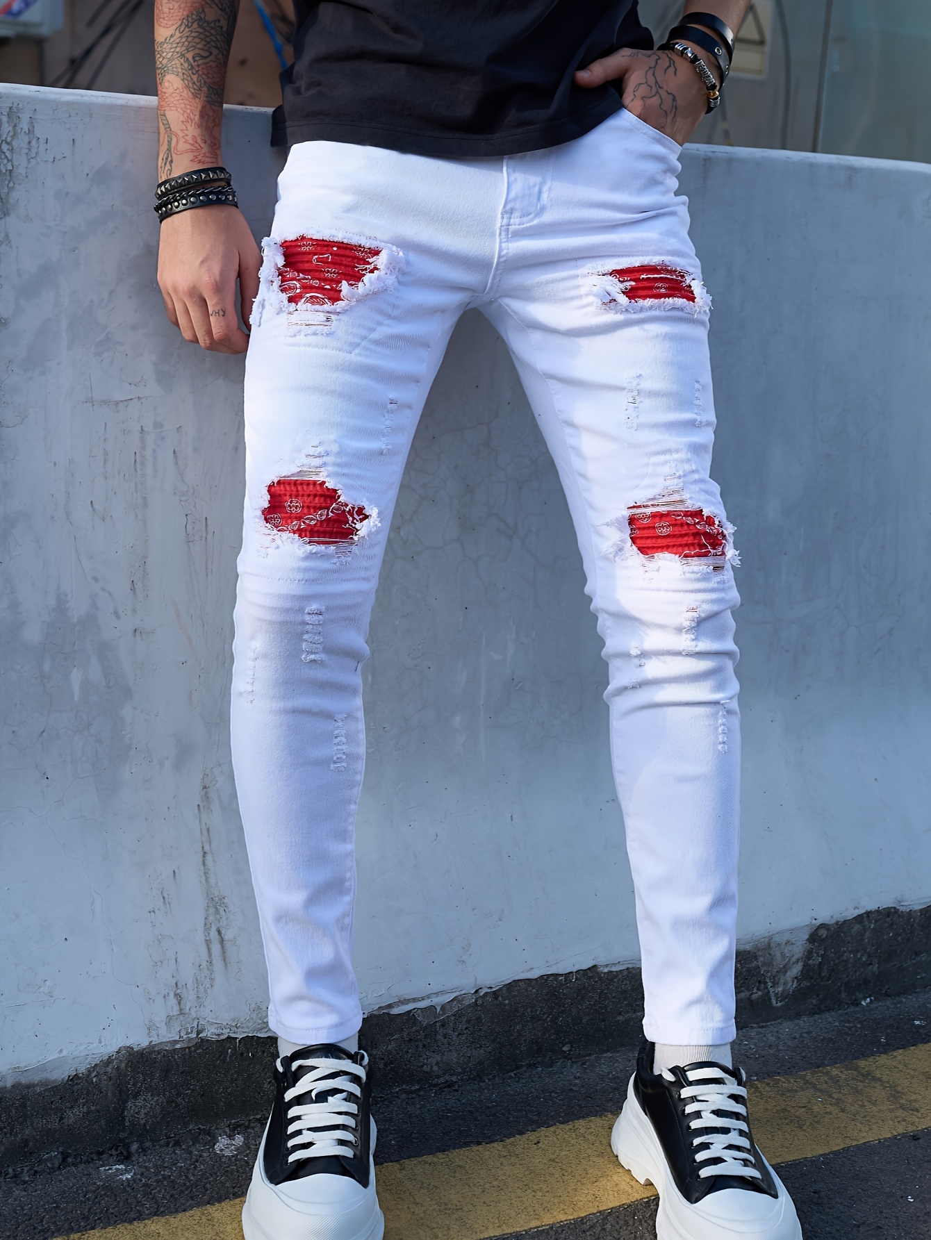 mens fit distressed white jeans red splatter design Temu Mexico