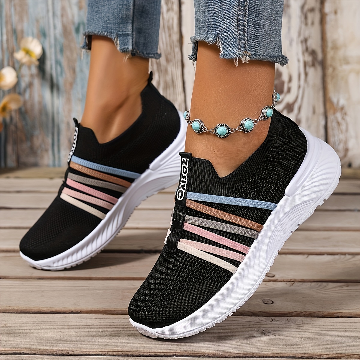 TEMU Baskets à enfiler tendance pour femme - Chaussures de sport décontractées à coloré, chaussures de course légères et confortables, tige en tissu