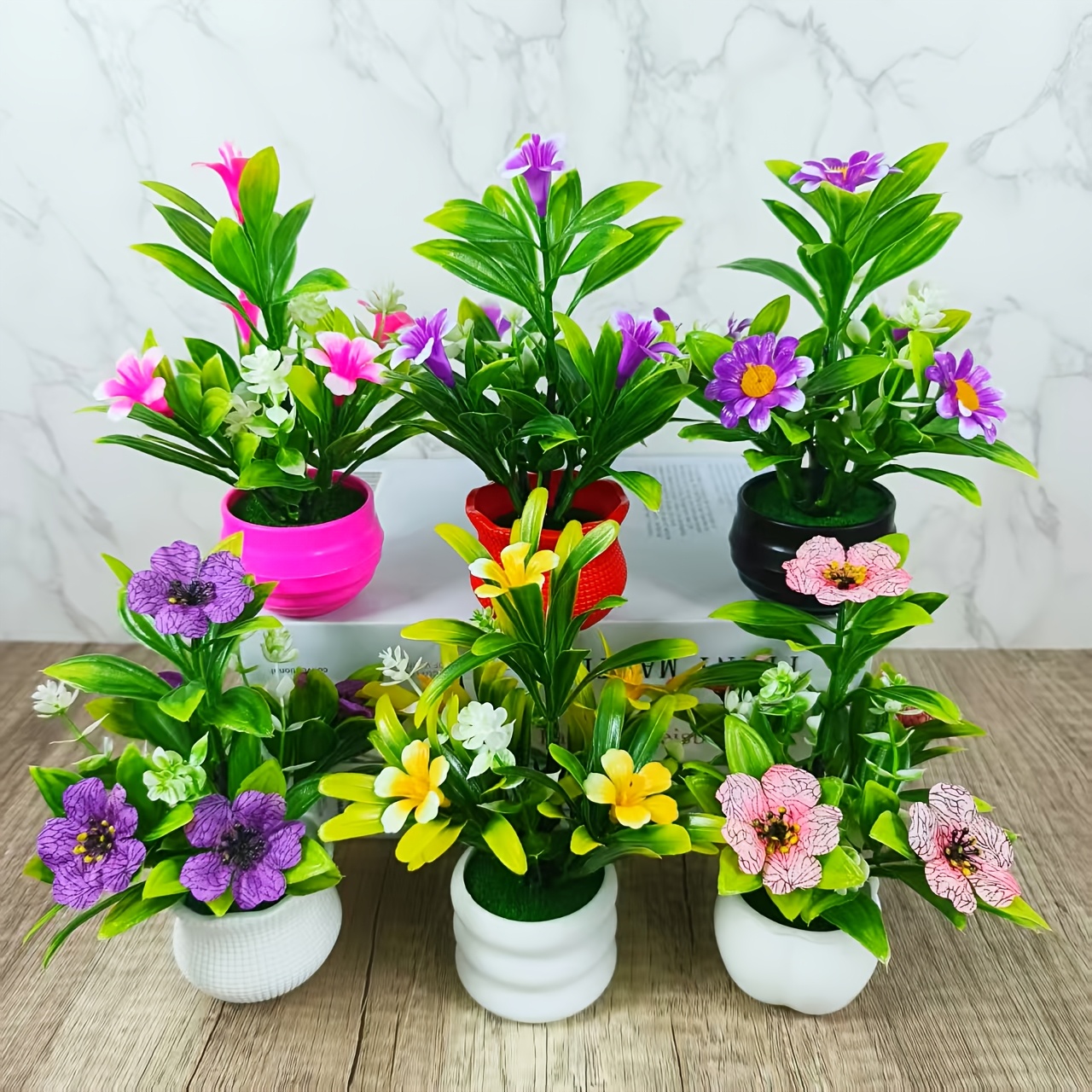 6pcs Mini Artificial Flower Potted Plants for Home Office Decoration,  Plastic Simulation Flowers Suitable for Shelf Desktop Bookshelf Decor
