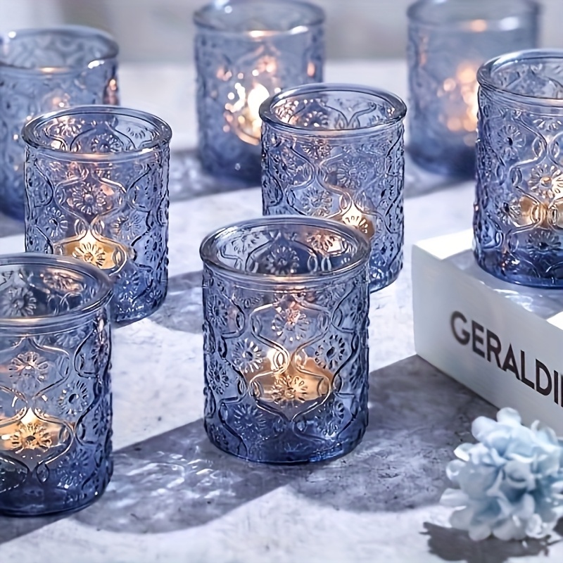E-shop 4 Stück blaue Votivkerzenhalter für Tisch-Mittelstück, Vintage-Blumen-Glas-Teelichthalter im Großhandel für Hochzeitsdekoration, Brautparty,