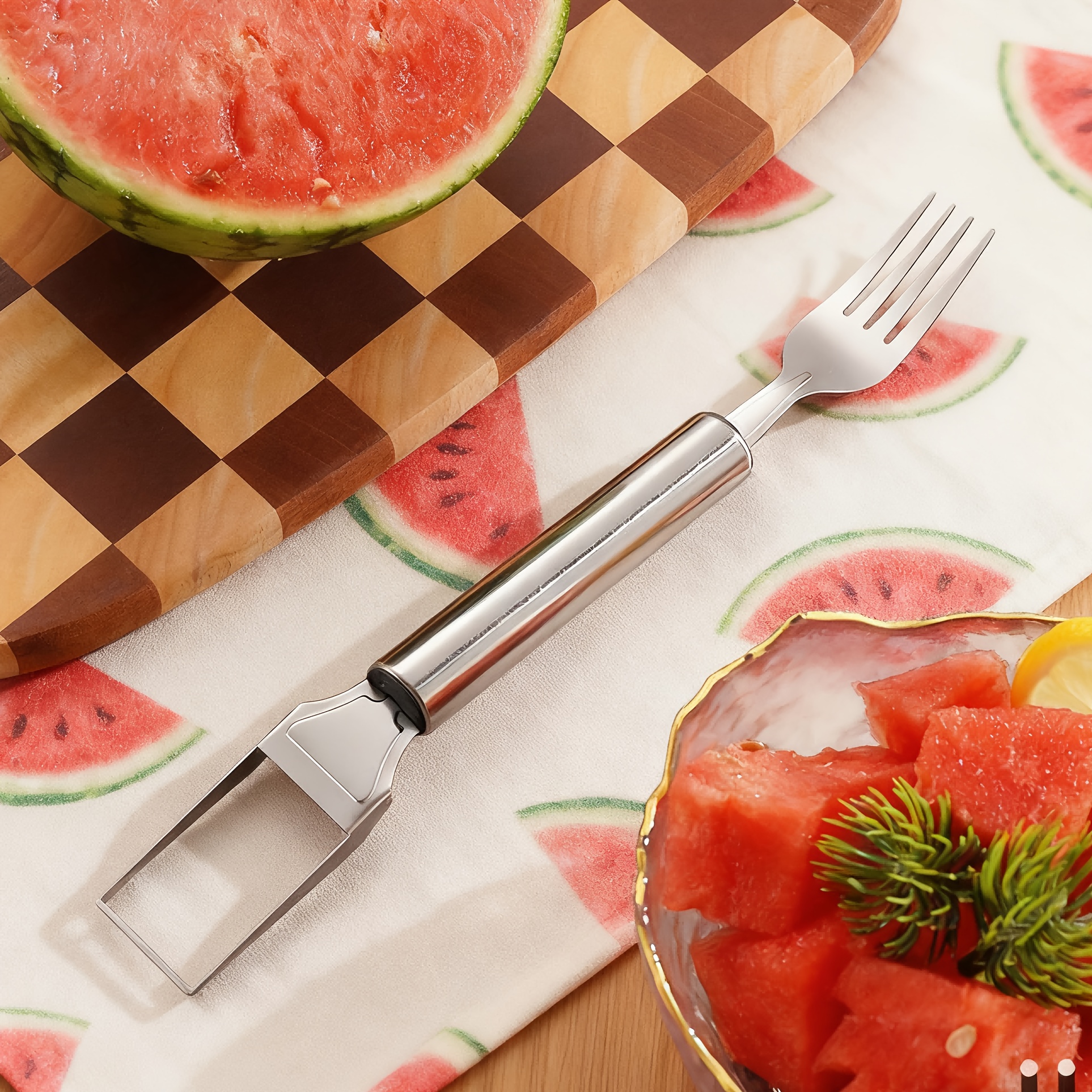 TEMU Watermelon Slicer Tool, Double-headed Watermelon Fork, Household Kitchen Utensil, Watermelon Fork, Stainless Steel Rust-proof Multi-functional