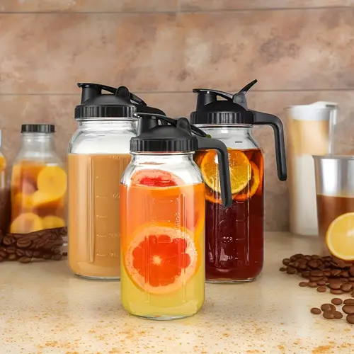 3pcs glass pot glass cup mason jar water pot with spout lid anti leak wide mouth water pot with handle 6 ounces about 1 8 large capacity glass pot suitable for storing juice milk and lemonade in glass containers at parties