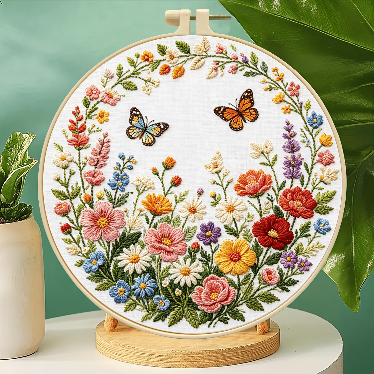 TEMU 1 Set Embroidery Kit 2pcs Butterflies Handmade Material Pack Beginner Full Tool Decor Hanging Painting Embroidery Thread Chart Needle Hoop