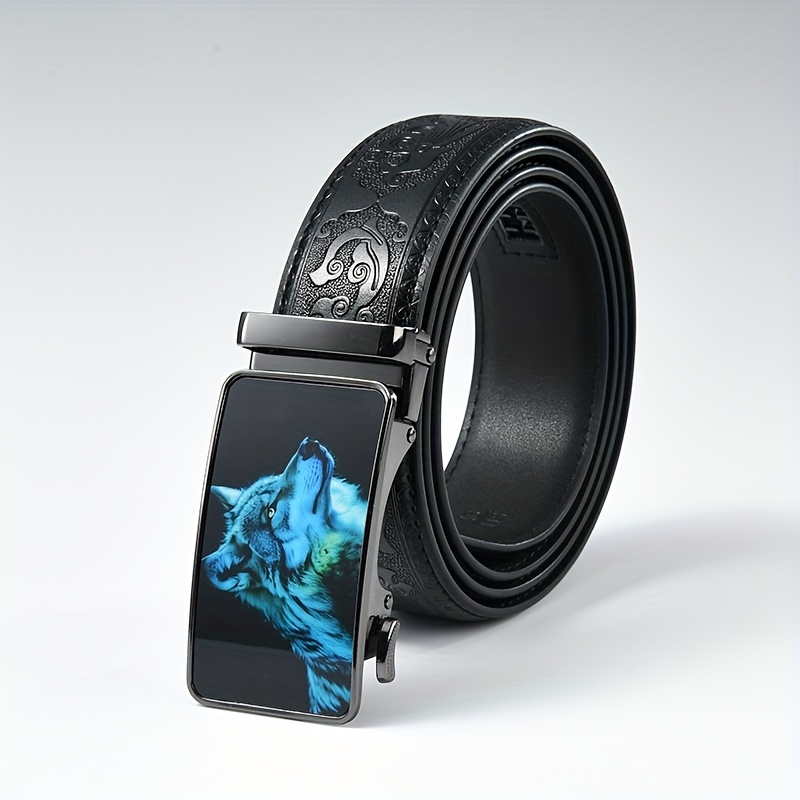 X3 Men's Embossed Leather Belt With Wolf - Black Automatic Casual Dress Belt, High-quality Printed Design For Casual Attire, Stylish Accessory