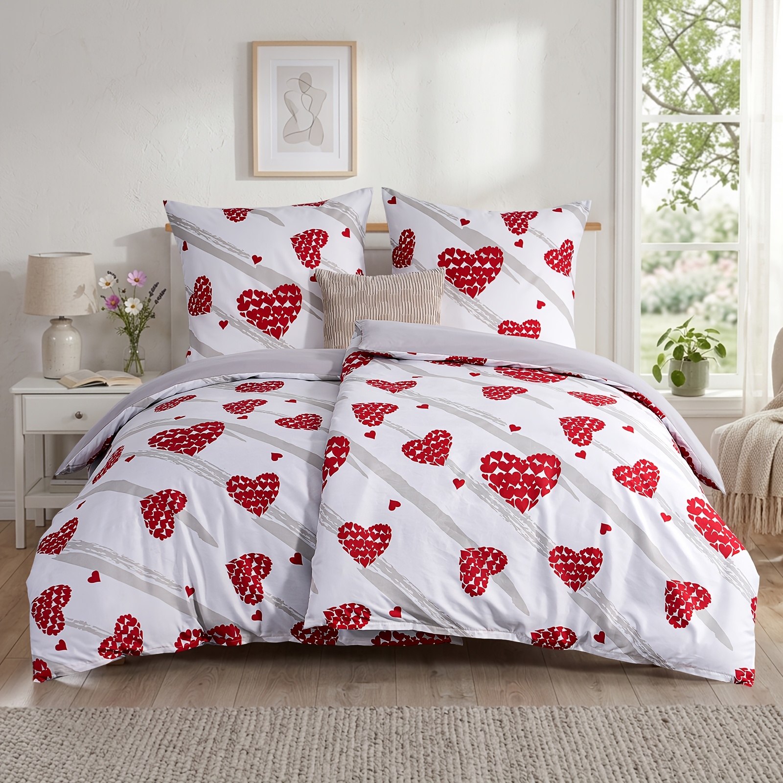 Image of Bedding 135x200 Cm, 4pcs, Duvet Cover - Bedding 135 X 200 Cm, Red Heart Pattern, With 2pcss Pillowcases 80x80 Cm, 2pcs Duvet Cover With Zipper, Non-iron And Soft