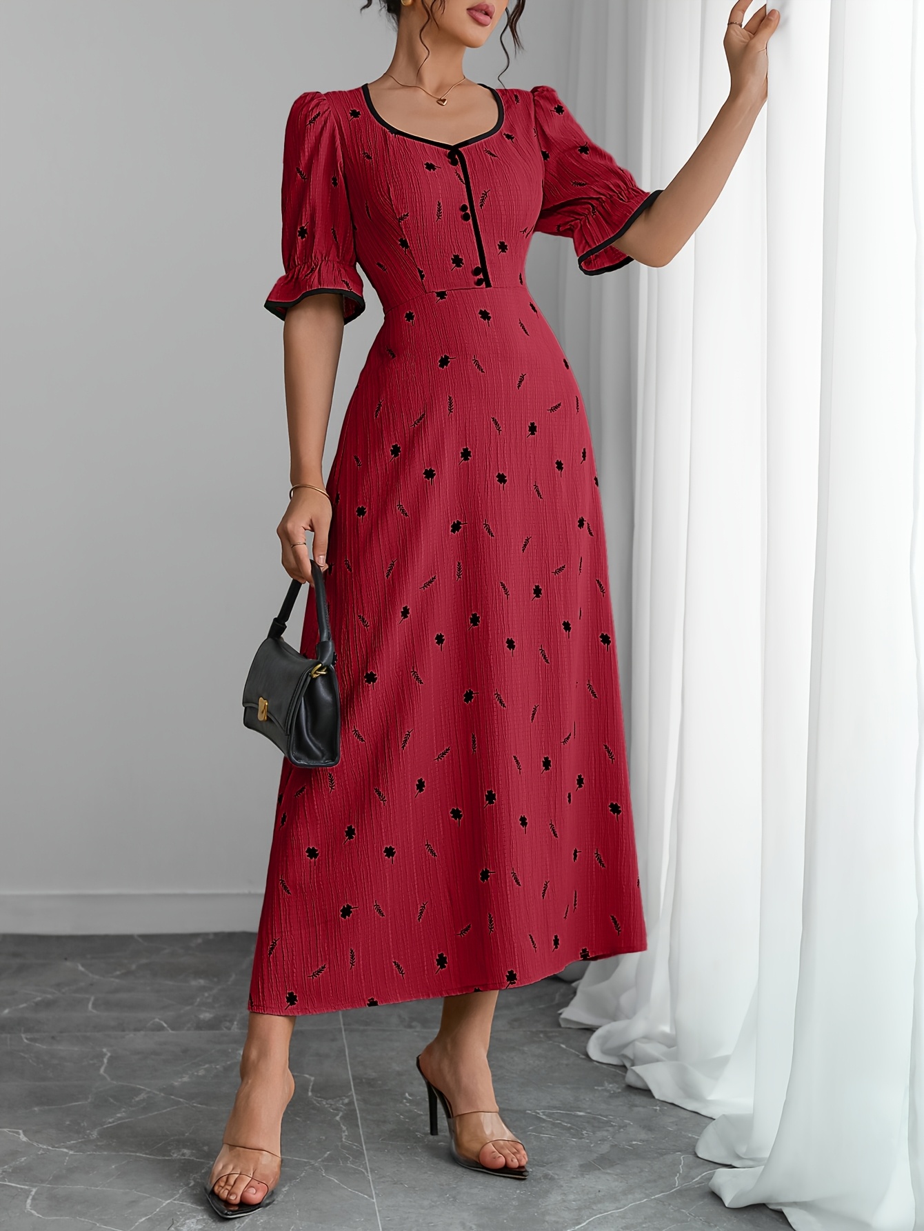 여성용 플라워 프린트 슬리브리스 마ξι 드레스 리플 디테일 포함 우아한 파란색 드레스 봄과 여름에 적합 휴가 - Temu  Republic of Korea