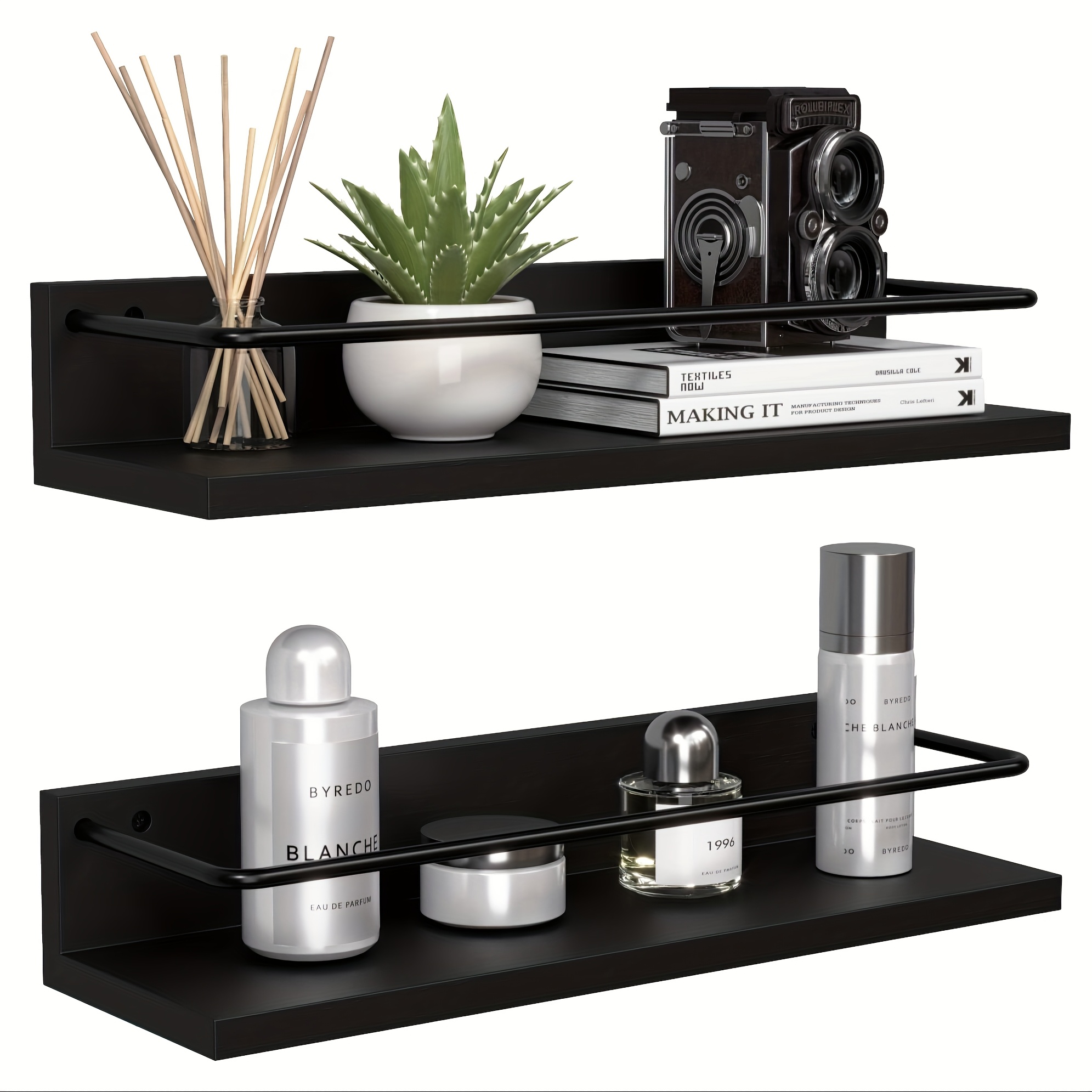 

2pcs House Floating Black Wooden Shelves With Metal , Wall Mounted Hanging Storage For Bathroom, Bedroom, Kitchen, Living Room - Modern Wall Decor Set With Anti-rust Paint