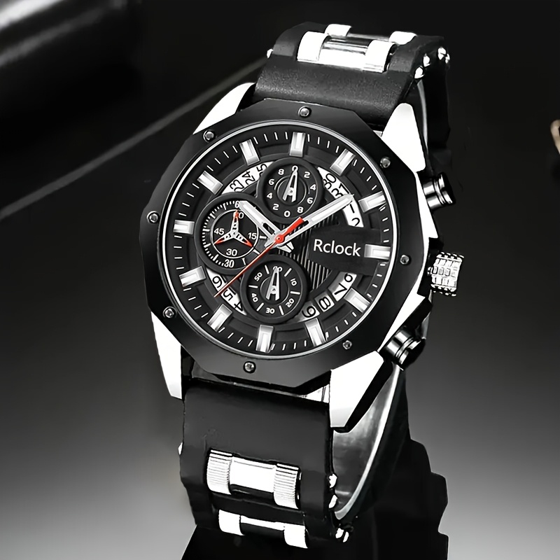 4pcs/set Fashion Men's Watches Set Men's Business Casual Watch & Bracelet Set Calendar Display, Quartz Movement, Men Bracelet Cross Necklace Luxury Watch for Men, Ideal Gift for Him