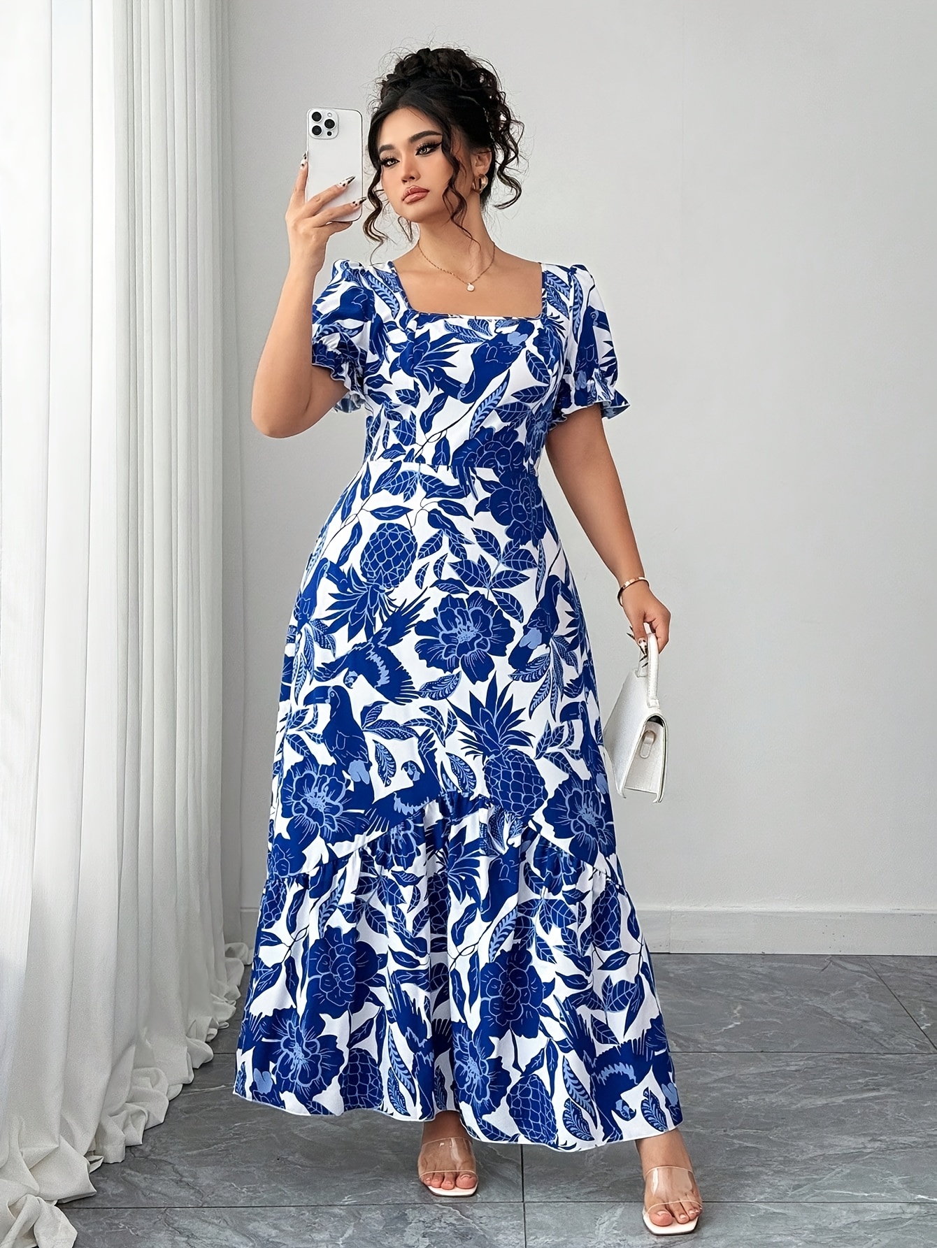 Plus Size, Plus-size Women's Elegant Square-neck Floral Print Short-sleeve  Dress, Stylish and Chic, New for Summer 2026. Suitable for Occasions Such  as Parties, Graduations, Vacations, Holidays, ...