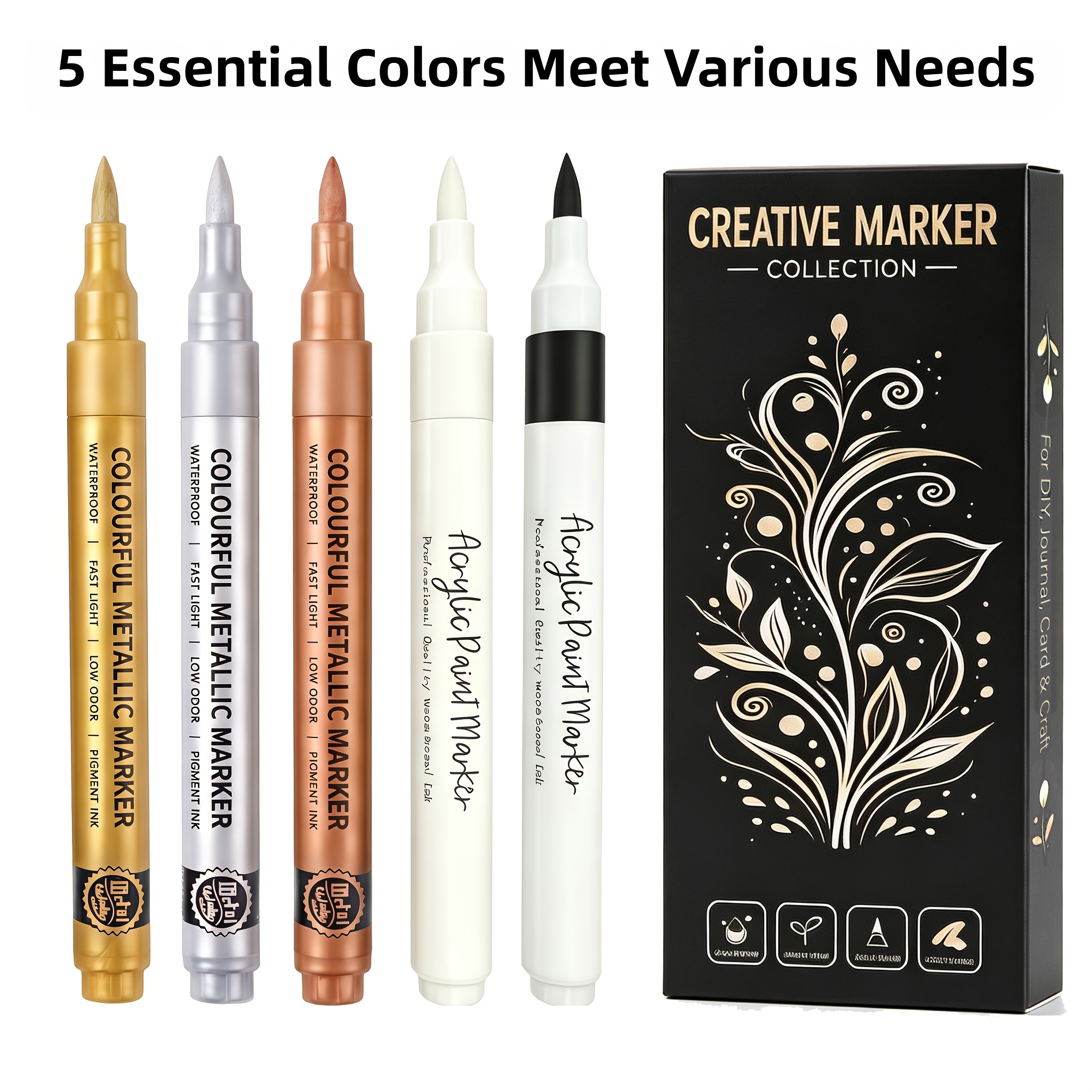 TEMU 5pcs Creative Marker Set - Copper (metallic Ink), White Black (acrylic Paint Ink), Suitable For Glass, Black Paper, Wood, Ceramics, Holiday