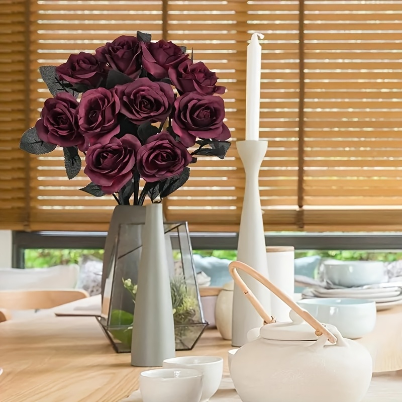 5pcs Wine Red Roses Artificial Flowers | Long Stem Faux Bouquet, Realistic Lifelike Fake Floral Bundles For Halloween, Valentine's Day, Wedding Party Table Centerpiece Decor, Large