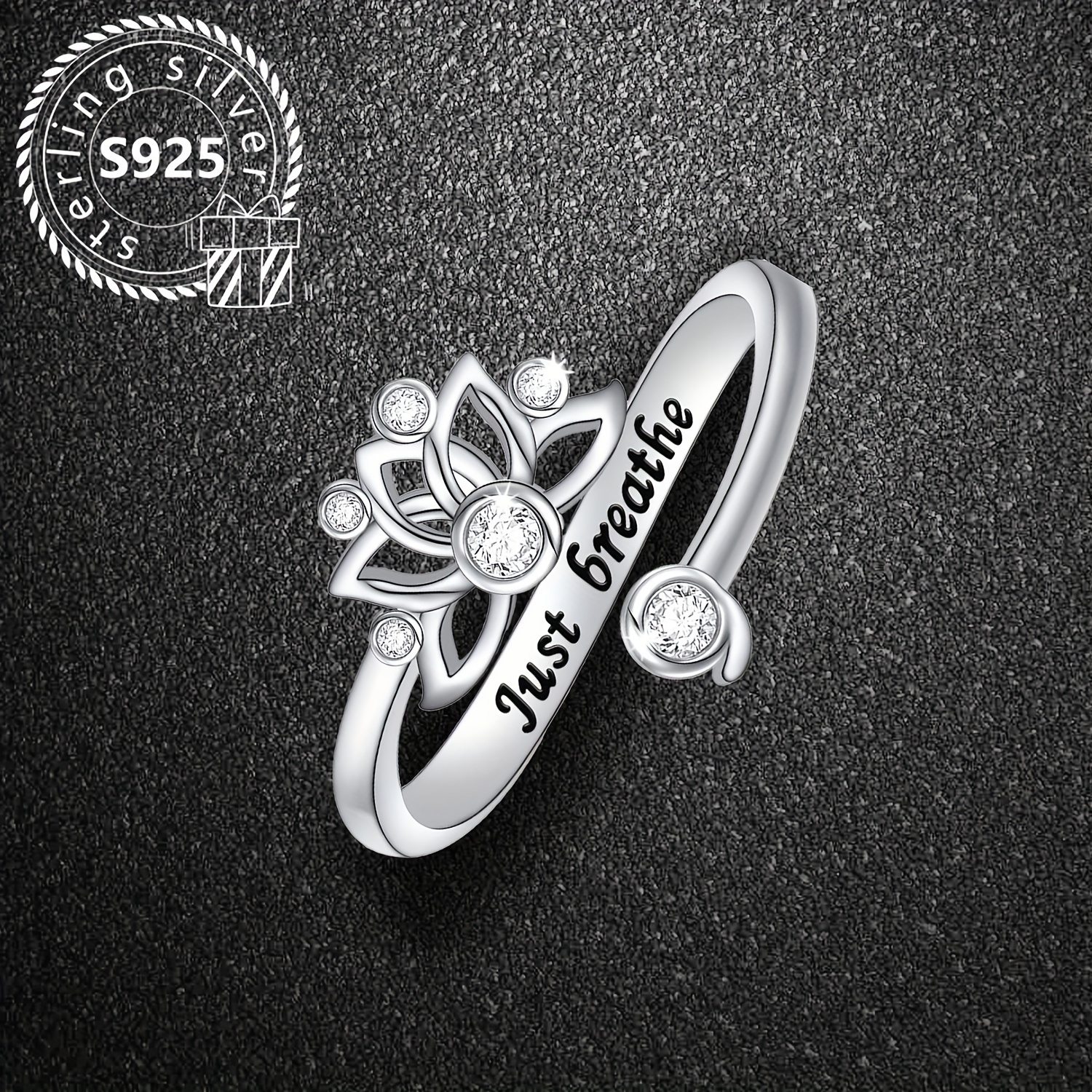 925 Silver Lotus Chakra Ring Adjustable Band with Cubic Zirconia
