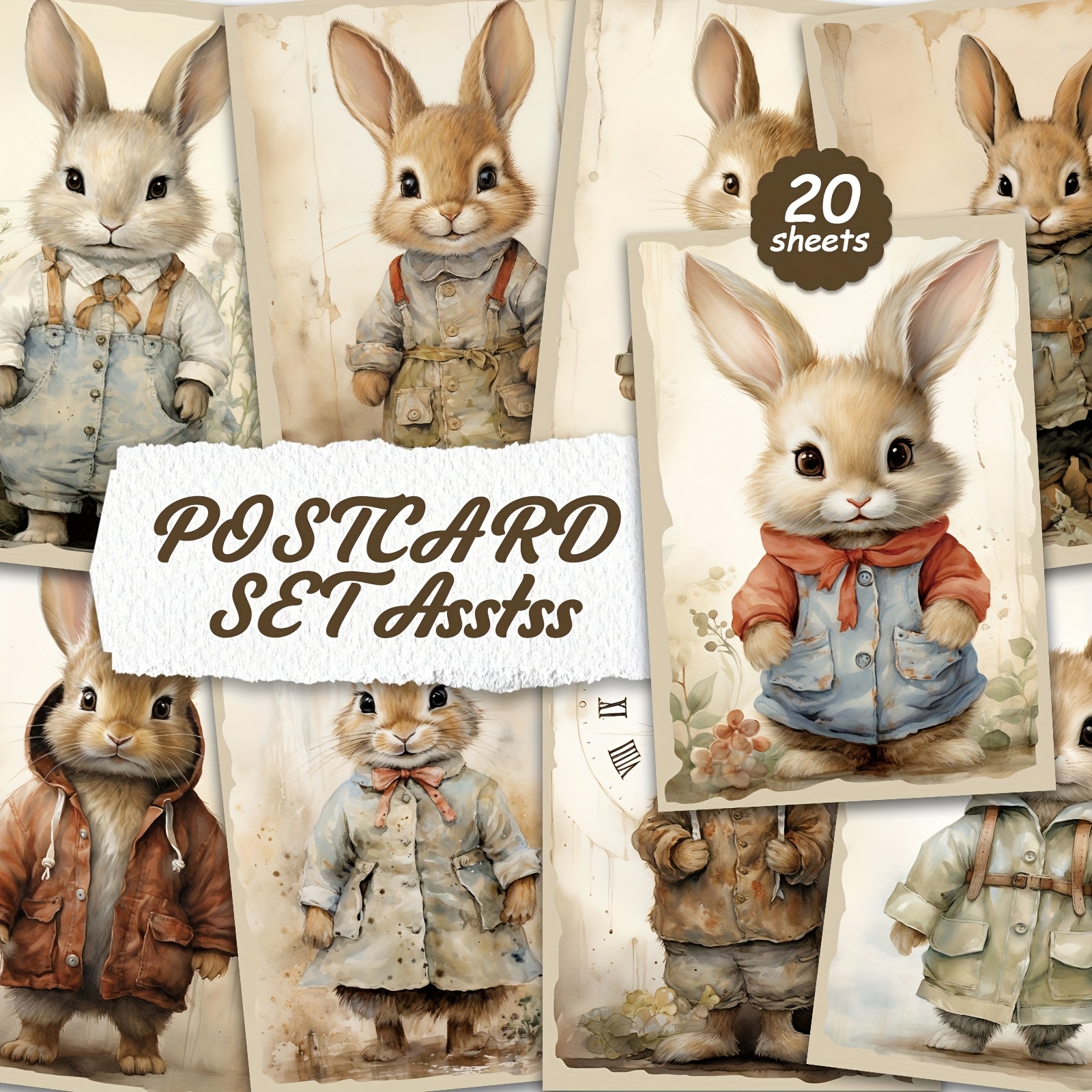 TEMU Set Of 20 Cute Bunny Postcards For English Scrapbooks, Rubbish Diaries, Crafts, Greeting Cards, Christmas Decorations, Halloween, Thanksgiving