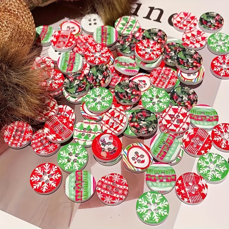 

100 Pcs Christmas Wooden Buttons, Mixed Red And Patterns, Handcrafted Diy Decorative Craft Buttons