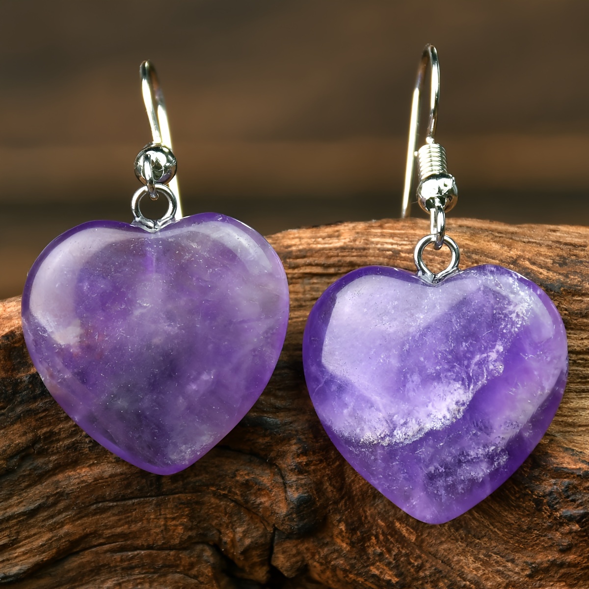 TEMU (random Natural And Pattern) 1 Pair Heart Pendant Natural Stone Crystal Earrings Opal Tiger Eye Amethyst Birthstone Valentine's Day Gift-
