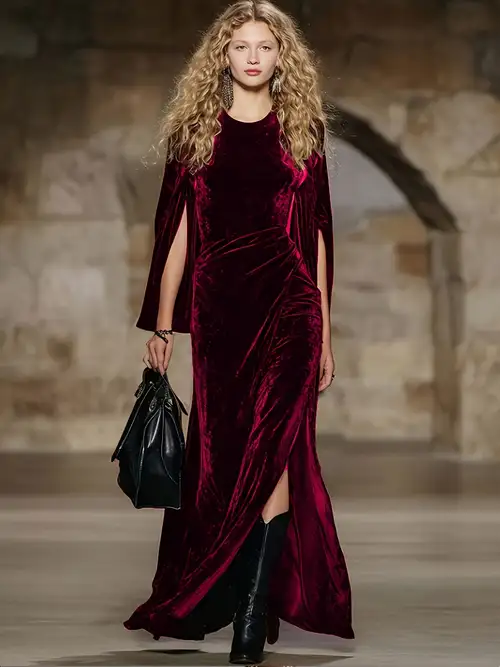 2026 Women'S Christmas Attire, Wine Red Velvet Christmas Dress, Vintage Round Neck Cape Style Long Sleeve Slit Evening Gown for New Year'S Eve, High-End European And * Evening Dress, Elegant Evening ... 2026 Women'S Christmas Attire, Wine Red Velvet Christmas Dress, Vintage Round Neck Cape Style Long Sleeve Slit Evening Gown for New Year'S Eve, High-End European And * Evening Dress, Elegant Evening ...