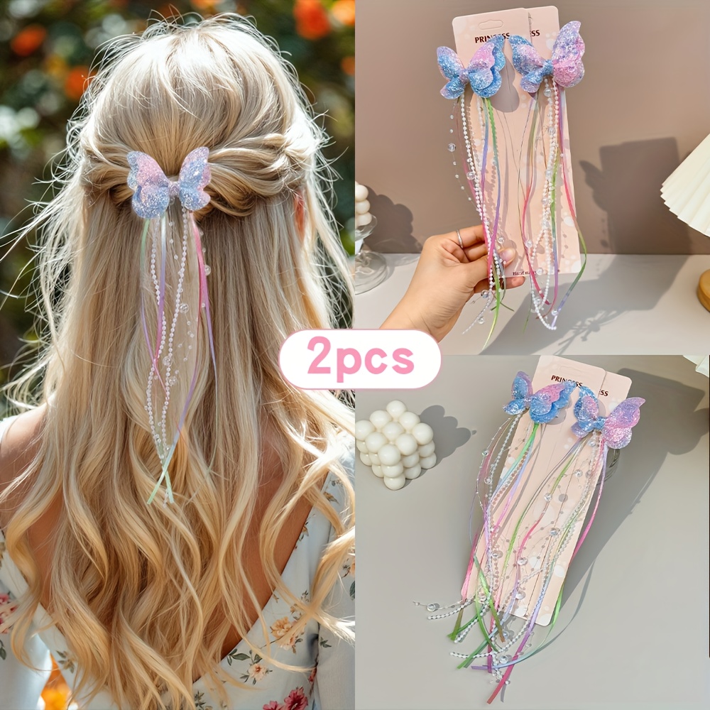 2 pezzi fermagli per capelli a   con glitter e nappe di perline, colorate, per acconciature fatate, idee regalo, decorazioni da  