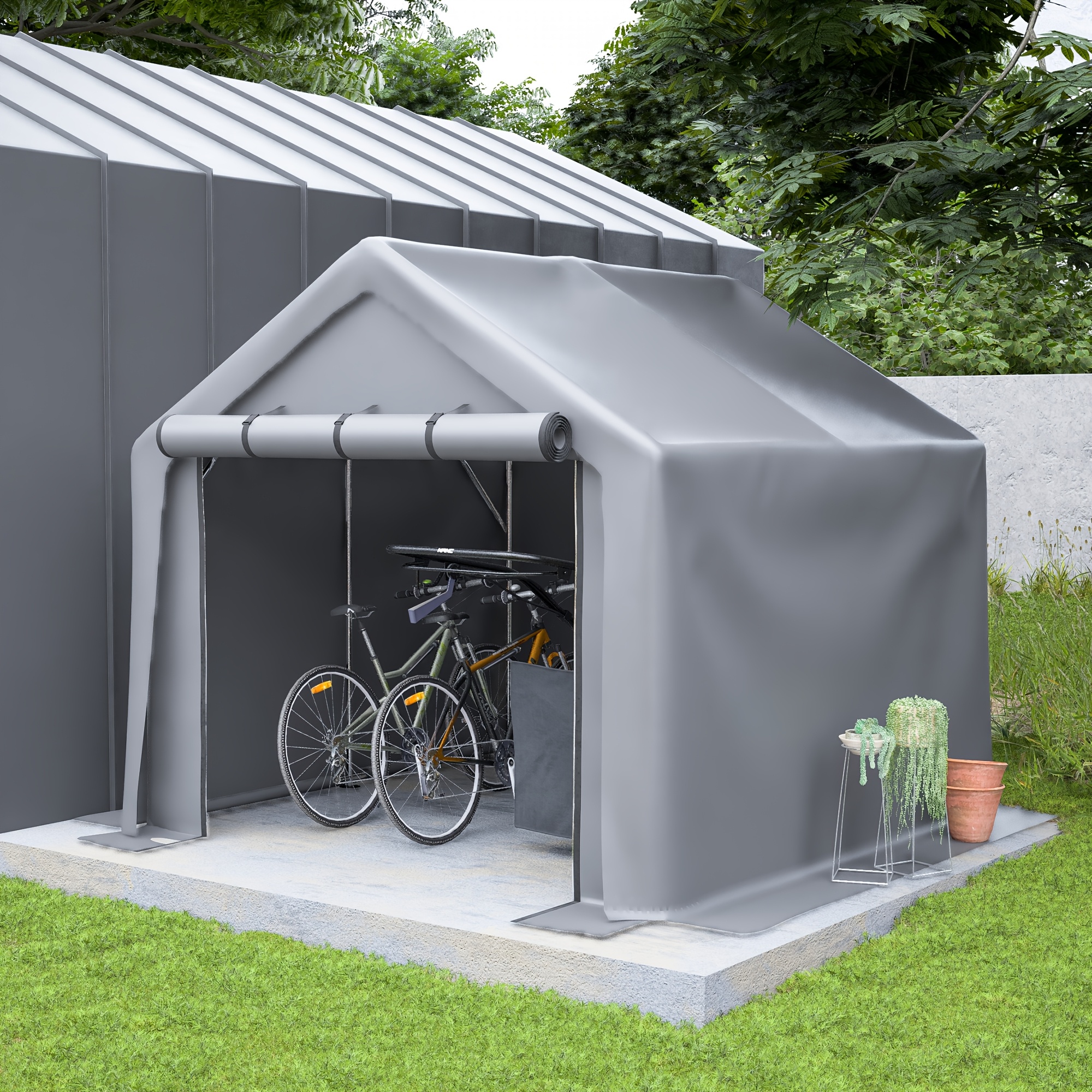 Image of Outdoor Storage Shed & Carport, 244 × 241cm Portable Shed, Outdoor Storage Shed Tent With Galvanised And Roll-up Door For Motorcycle, Bike, Garden Tools