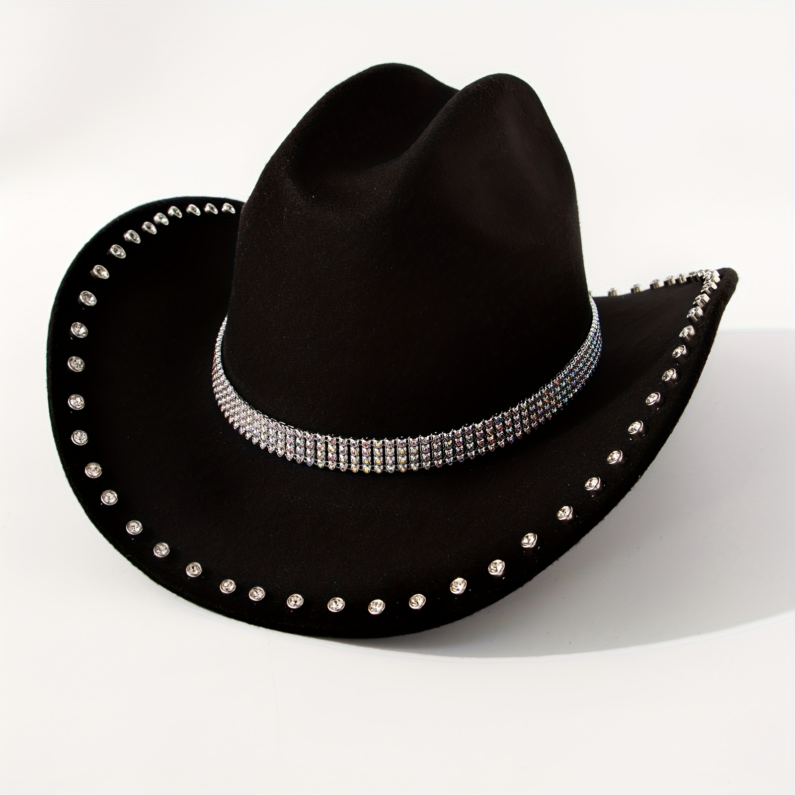 TEMU A Lined Rhinestone Brim Gemstone Rhinestone Accessory Single-piece Top Soft Felt Wide-brimmed Denim Hat, Western Top Hat, British Vintage Stage