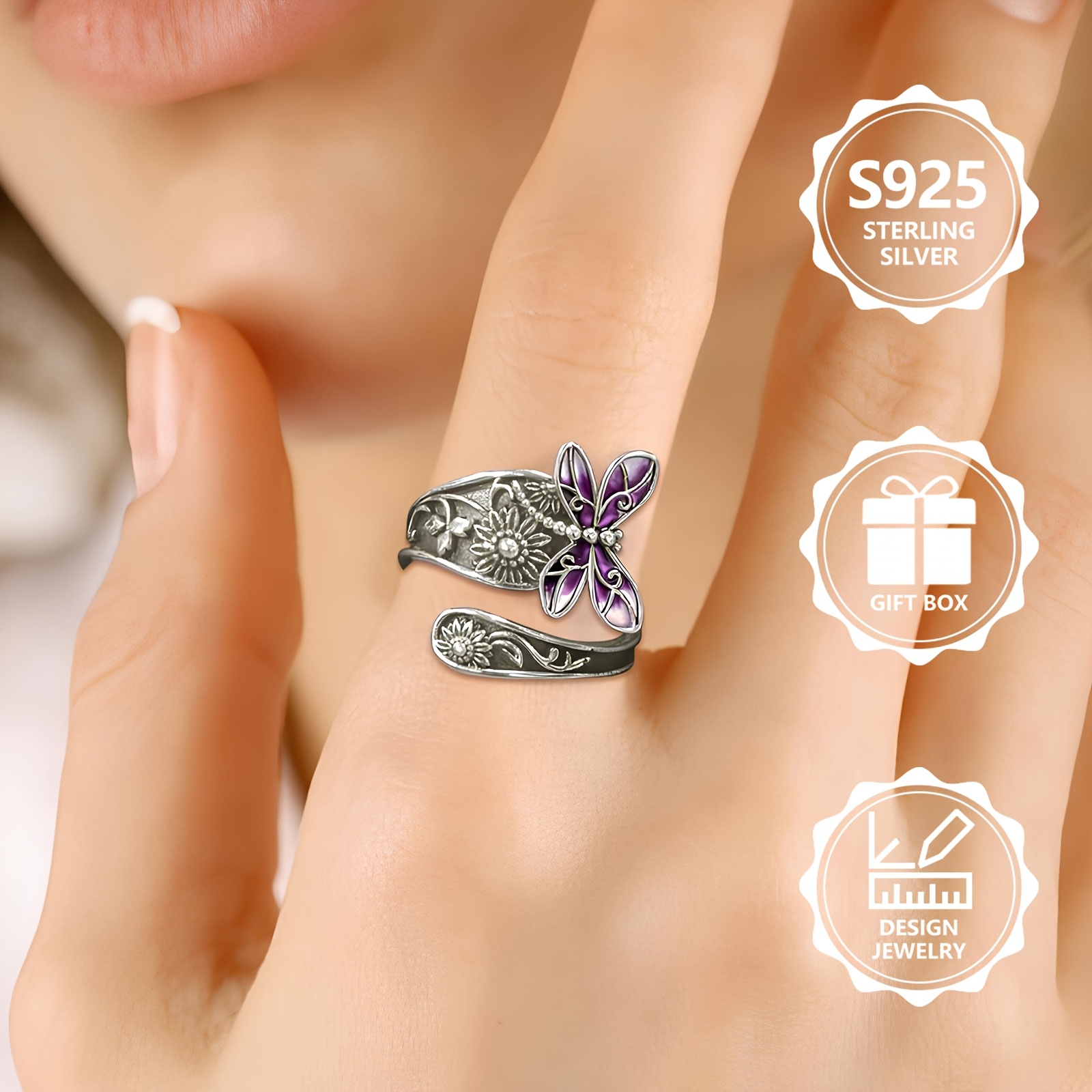 Inel din argint 925 Sterling cu email, Inel deschis sculptat cu flori și fluture mov, Bijuterii din argint stil etnic vintage, Fără nichel, Hipoalergenic, Măiestrie excepțională pentru purtare confortabilă, Versatil pentru uz zilnic, Cadou ideal pentru zile de naștere, aniversări, Ziua