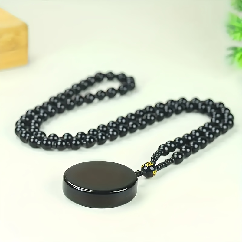 TEMU Natural Obsidian Peace Charm Pendant Necklace - Black With Golden Accents, Smooth Polished Beads & Round Unisex Jewelry Suitable For Daily Or