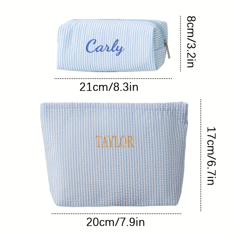 TEMU 【刺繍クラフト】カスタマイズ可能なメイクアップバッグ2点セット。小型の八角形メイクアップバッグと、大型のメイクアップバッグが特徴。ストライプ柄のバブルガーゼ素材を使用。トで。パーソナライズされたプライベーカスタマイズ可能。