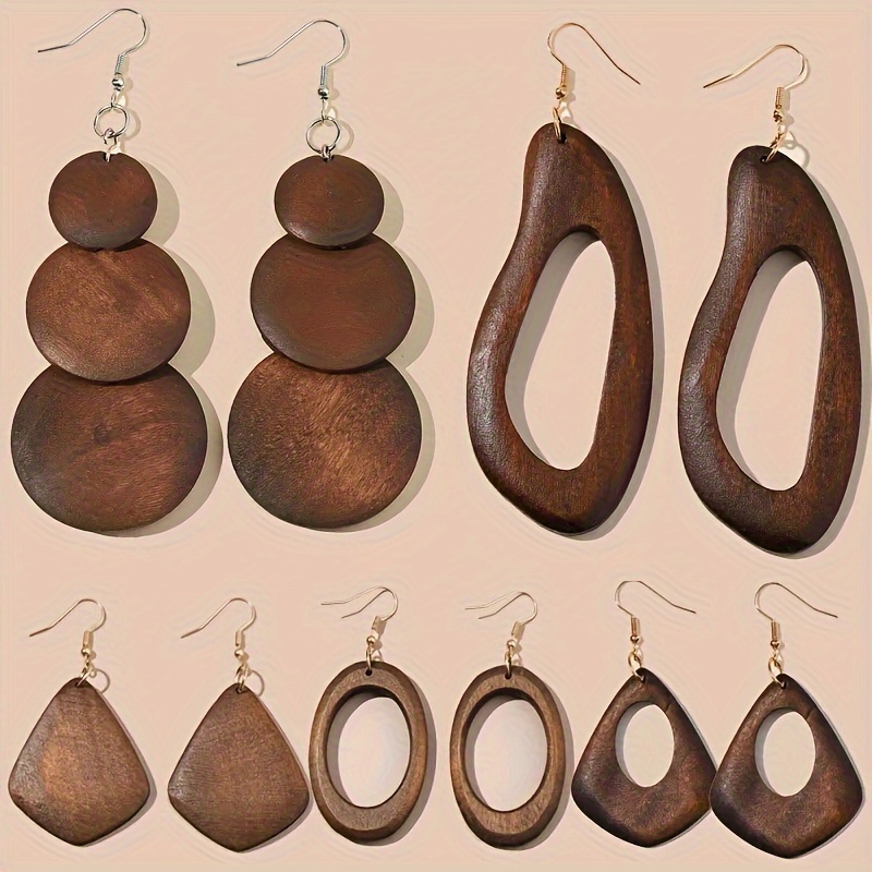 

5 Pairs/set Of Vintage Brown Solid Wood Dangle Earrings Set