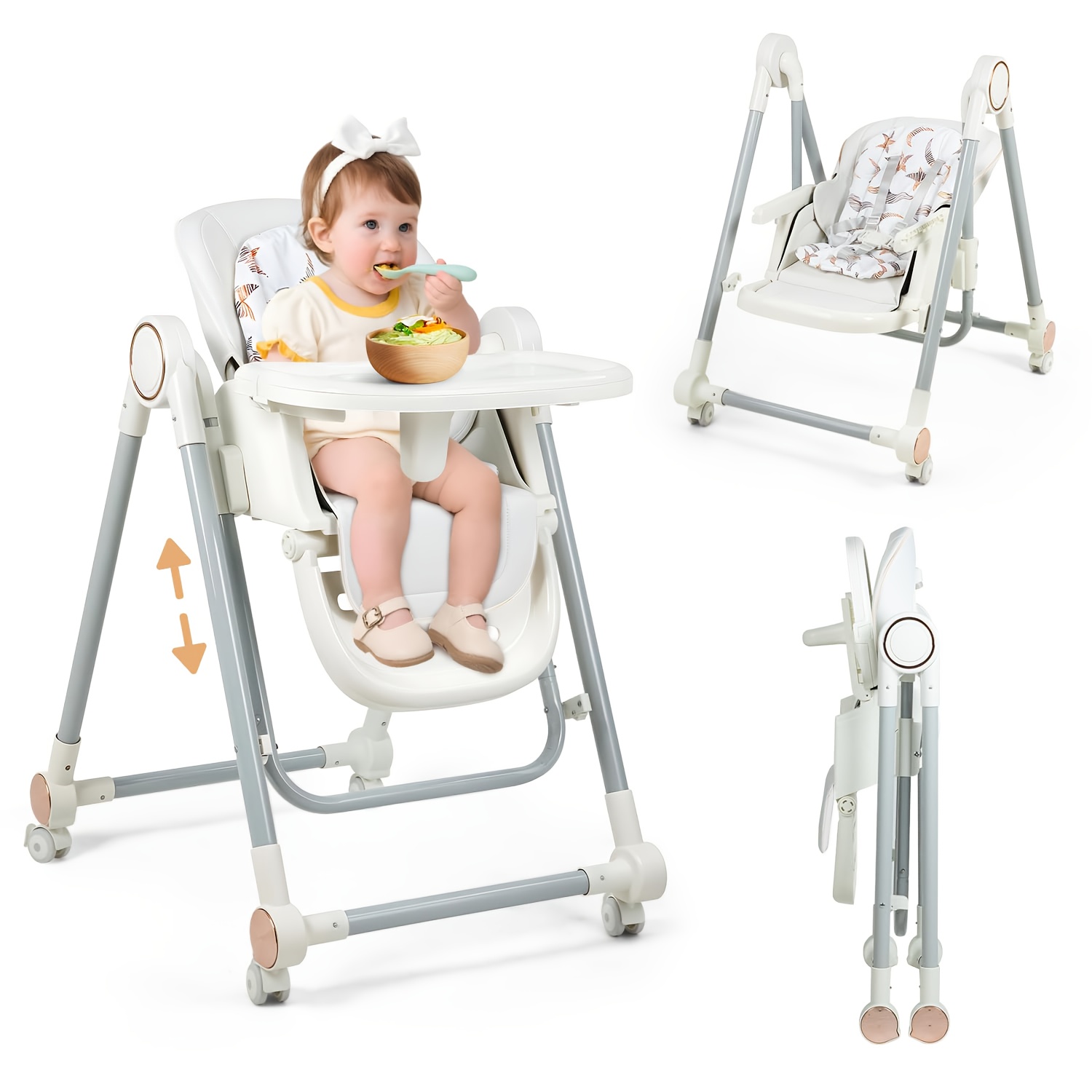 TEMU Baby High Chair, Foldable High Chair, Adjustable 2-in-1 High Chair&swing Chair With 4 Locking Wheels, 7-speed Adjustable, Detachable Cushion,
