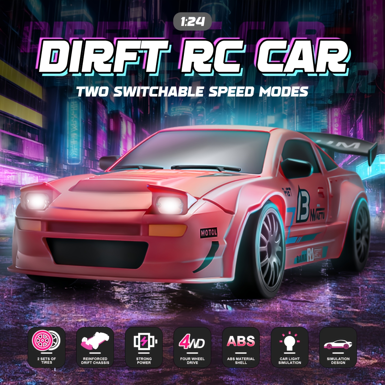 1:24 Scale 2.4GHz Remote Control Car Remote Control Four-wheel Drive Drift Car 15KM/H Drift Car With Front And Rear LED Lights Drift Tires For Boys And Girls Over Six Years Old Birthday, Holiday Gifts