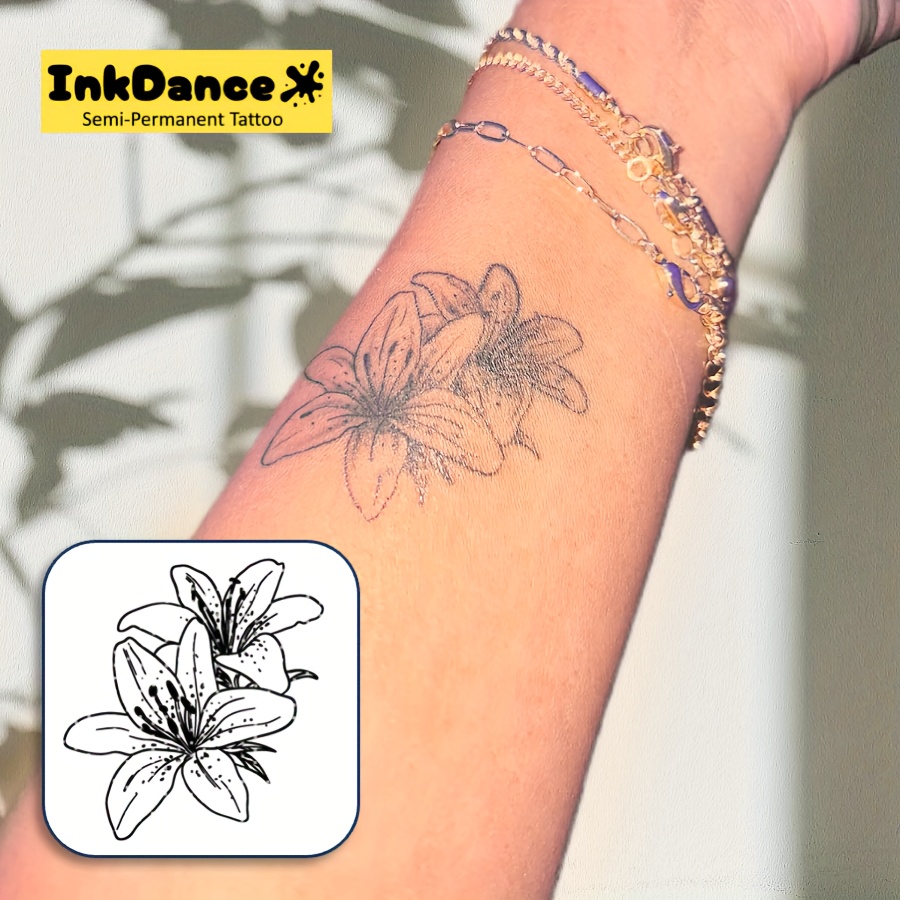 Image of Detailed Lily Technology Tattoos, Semi-permanent Tattoos, Flower, Temporary Tattoos, Long-lasting, Women's Floral Fake Tattoos, Water-resistant, Authentic Tattoo Look, Plant-based, Gift Mnf075