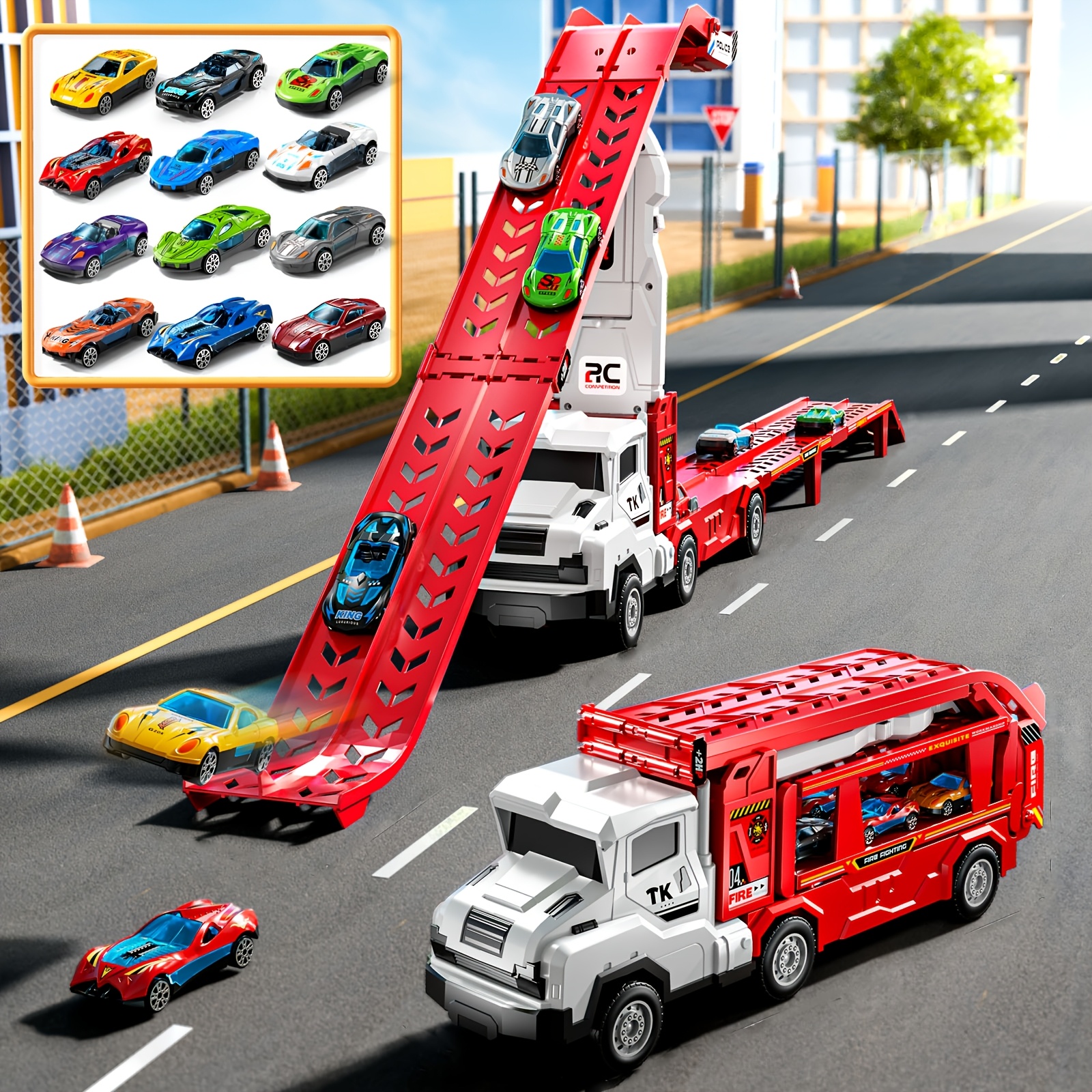 Image of 2-in-1 Foldable Car Transport Box For Trucks, Equipped With Race Track, 12 Cast-iron Cars, With , Plastic Structure, For Children Aged 3+, Birthday And Holiday Gift, Accessory Colors May