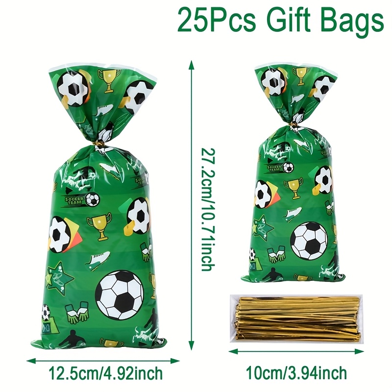 TEMU 25pcs Football Theme Gift Bags Suitable For Birthday Party Decorations, Baby Showers, Soccer Party Supplies With Green Football Pattern,