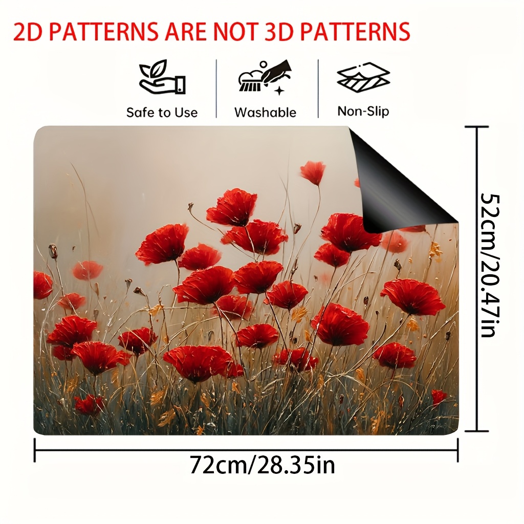 TEMU 1pc, 2d Flat, The Red Poppy Stove Top Protector Mat, Extra Large Dish Drying Mats For Decorative Kitchen Art, Dish Drying Mat For Stove & Oven,