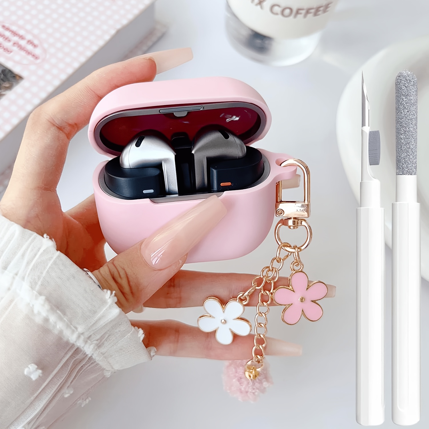 TEMU Custodia per for Samsung Galaxy Buds 3/3 Pro/3 per Ragazze e Donne con Portachiavi a con Pompon e Penna , Morbida Custodia per Pro 3/Buds3/Bud 3