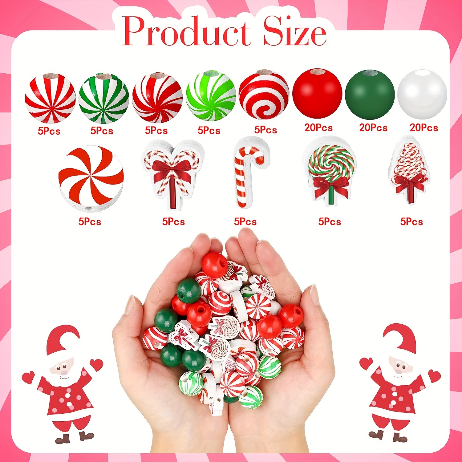 TEMU Efrey 110 Christmas Wooden Bead Candy Rattan Wooden Bead Candy Vortex Bead Red Green White 16mm Round Handmade Bead Garland Jewelry Making Party