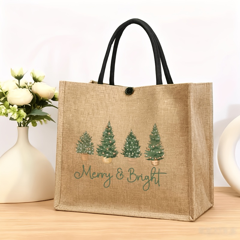 TEMU [women's Handbag] Fashion Christmas Tree Print Tote Bag - Large Capacity, Durable Jute Shopping Bag, Suitable For Travel And Outdoor Activities