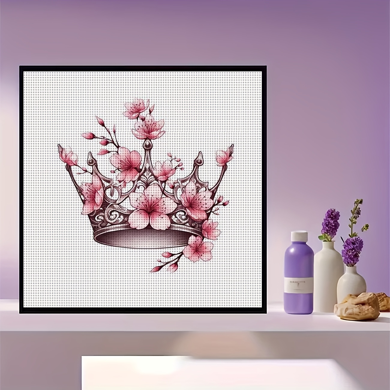 Printed DIY Cross Stitch Kit, "Pink Flowers with Crown" Pattern for Beginners