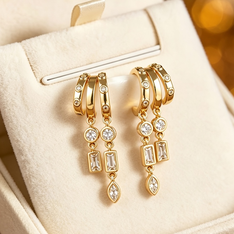 TEMU Western Style Claw-shaped Geometric Copper Drop Earrings, Inlaid With Multi- Cut Sparkling Synthetic Zirconia, Exquisite And Luxurious, Ideal
