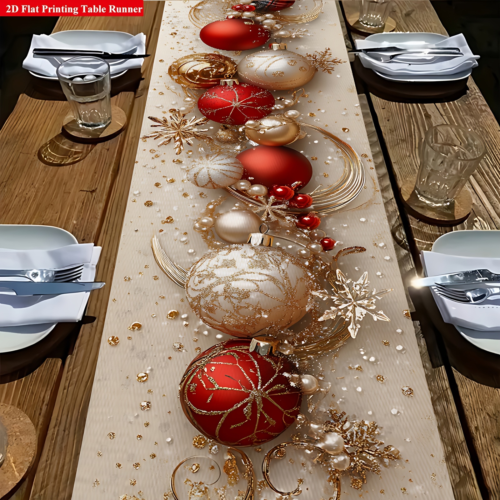 TEMU 2d Flat 1pc Christmas Themed Table Runner, Featuring Red And Golden Color Scheme, With Sparkling Snowflakes, Round Colorful Ornaments, And Pearl