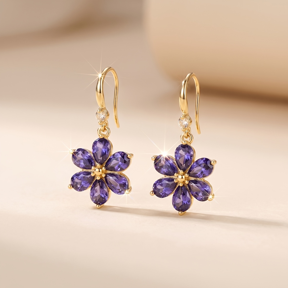 TEMU 1 Paire de Boucles d'Oreilles Pendantes pour Femme, et Élégantes, de Fleur à Six Pétales, en Cuivre Durable et Écologique avec Incrustation de