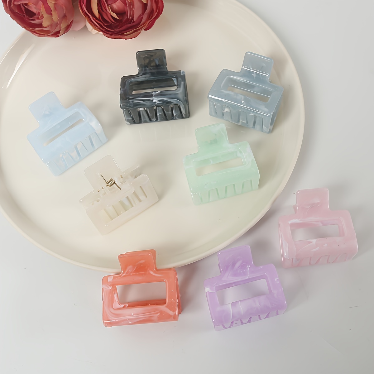 

3pcs Set Chic Marble Pattern Hair Claw Clips - Small Square Acrylic Shark Clips For Women, Cute &