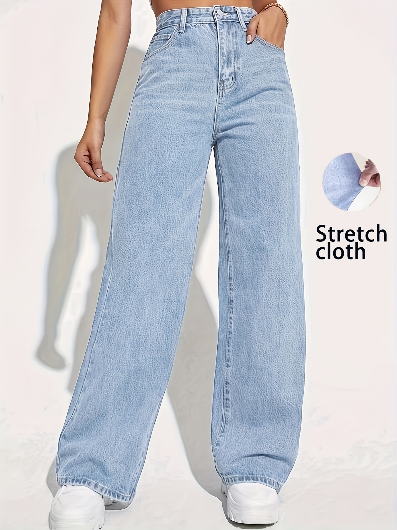 Women's Stretch Denim Straight-Leg Jeans - Light Blue Casual High-Waisted Washed Blue Comfort Fit for Casual Attire