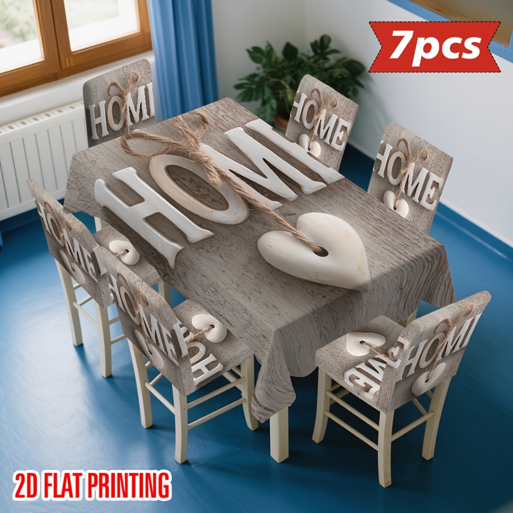 TEMU (Stampa piatta 2D) Set /5/6/7 pezzi di tovaglia e coprisedia con scritta LOVE, facile da installare e pulire, per sala da , cucina, picnic,