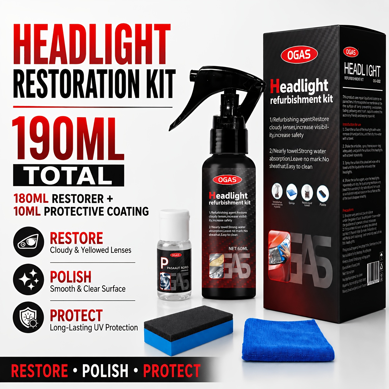 headlight restoration kit 180ml headlight restorer with 10ml ceramic coating removes yellowing oxidation and headlight polish for car lights long lasting uv protection diy headlight repair kit Product details 0